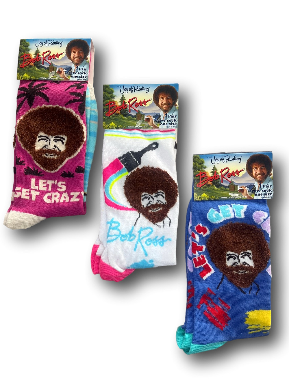 Bob Ross Novelty Men's Crew Socks with Fuzzy Hair Face Design - pick one